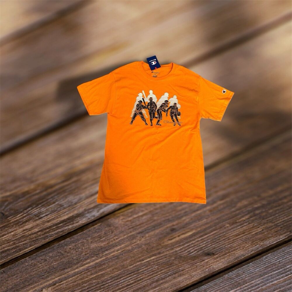 NWT Champion Mens Size Medium T-shirt Graphics Orange Baseball Football Run